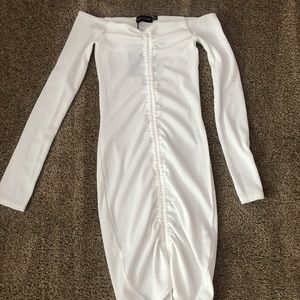 White Ribbed Long Sleeve Ruched Bodycon Dress